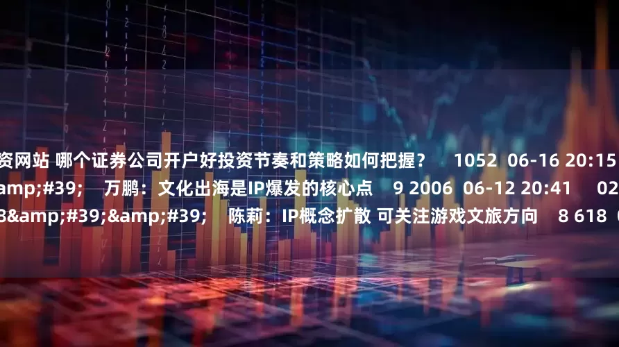 配资网站 哪个证券公司开户好投资节奏和策略如何把握？    1052  06-16 20:15     04&#39;09&#39;&#39;    万鹏：文化出海是IP爆发的核心点    9 2006  06-12 20:41     02&#39;38&#39;&#39;    陈莉：IP概念扩散 可关注游戏文旅方向    8 618  06-12 20:41     02&#39;43&#3